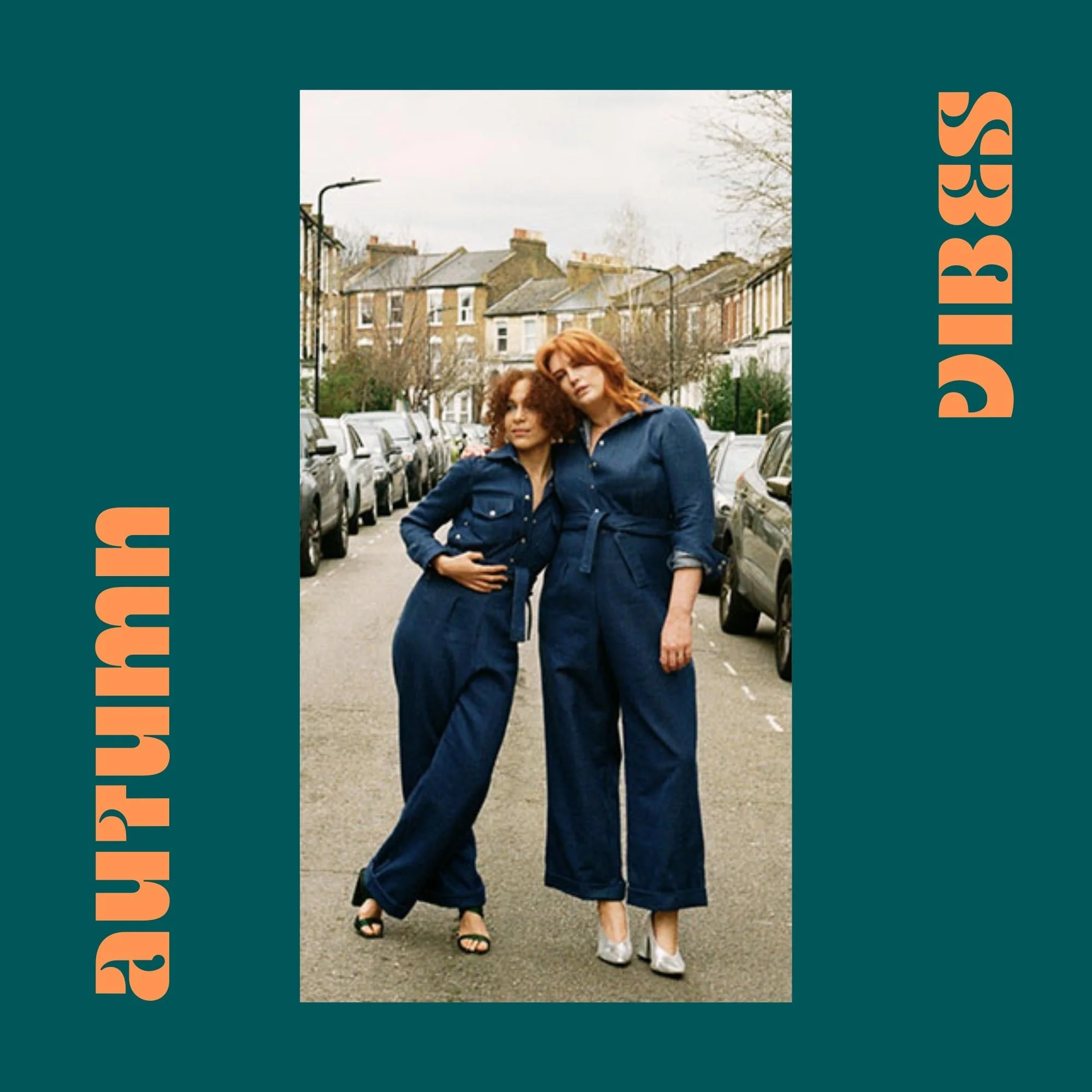 an image from Leim's Instagram women in denim boilersuits framed with a teal border, bold orange type reads autumn vibes