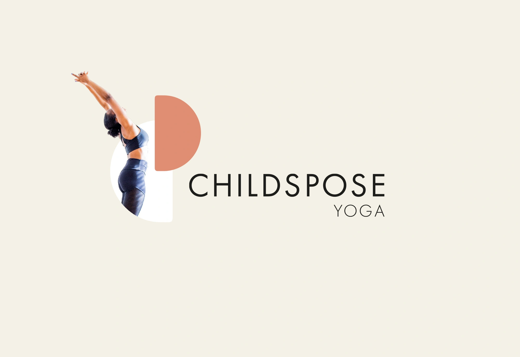 the playful Childs Pose Yoga logo in cream, pink and black, the small image shows a woman doing a yoga stretch
